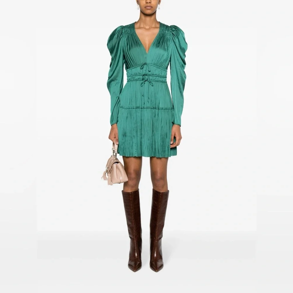ULLA JOHNSON Lu Bow-Detailed Pleated Satin Mini Dress in Green sz US 0 NWT 590$ - Picture 3 of 14